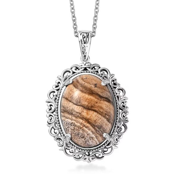 Jasper Gemstone Pendant in Platinum Bond with Stainless Steel 20" Necklace - Picture 1 of 3